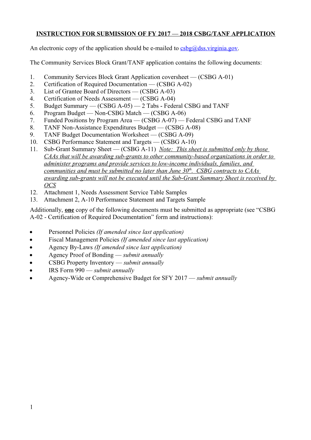 Instruction for Submission of Fy 2017 2018 Csbg/Tanf Application