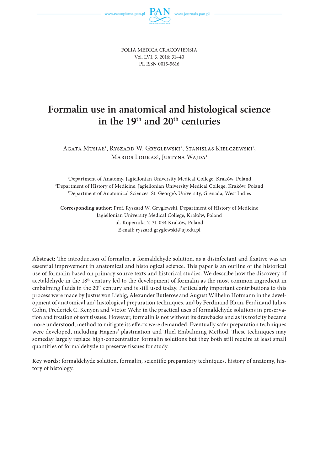 Formalin Use in Anatomical and Histological Science in the 19Th and 20Th Centuries