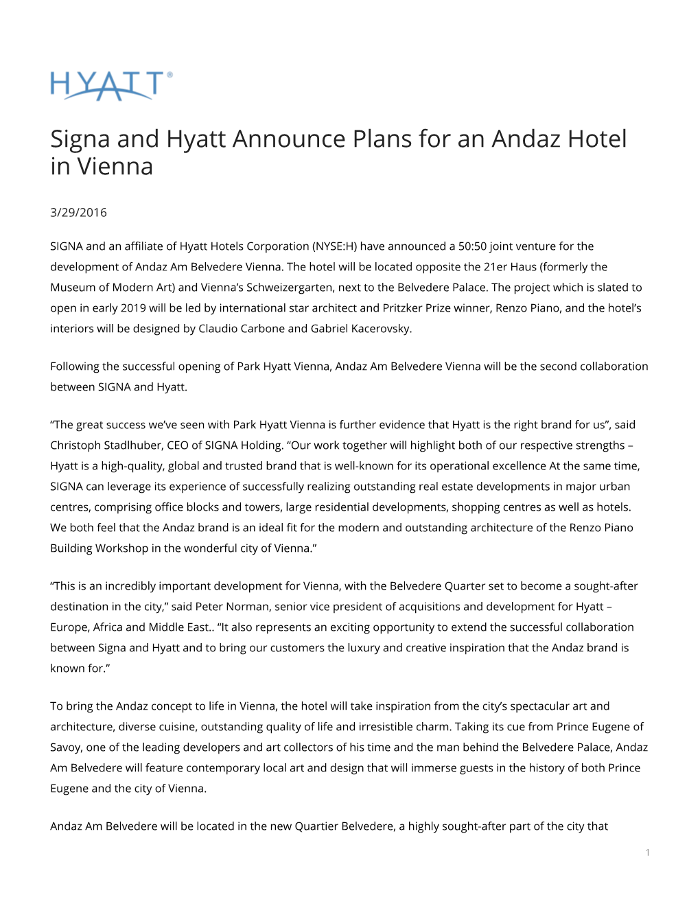 Signa and Hyatt Announce Plans for an Andaz Hotel in Vienna