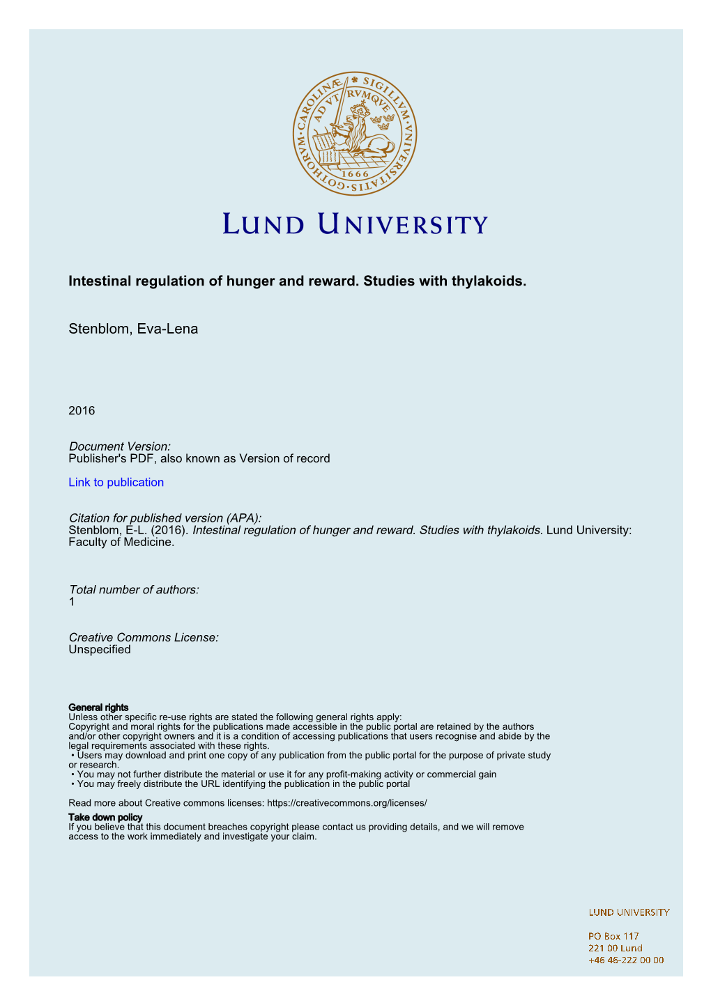 Intestinal Regulation of Hunger and Reward. Studies with Thylakoids. Stenblom, Eva-Lena