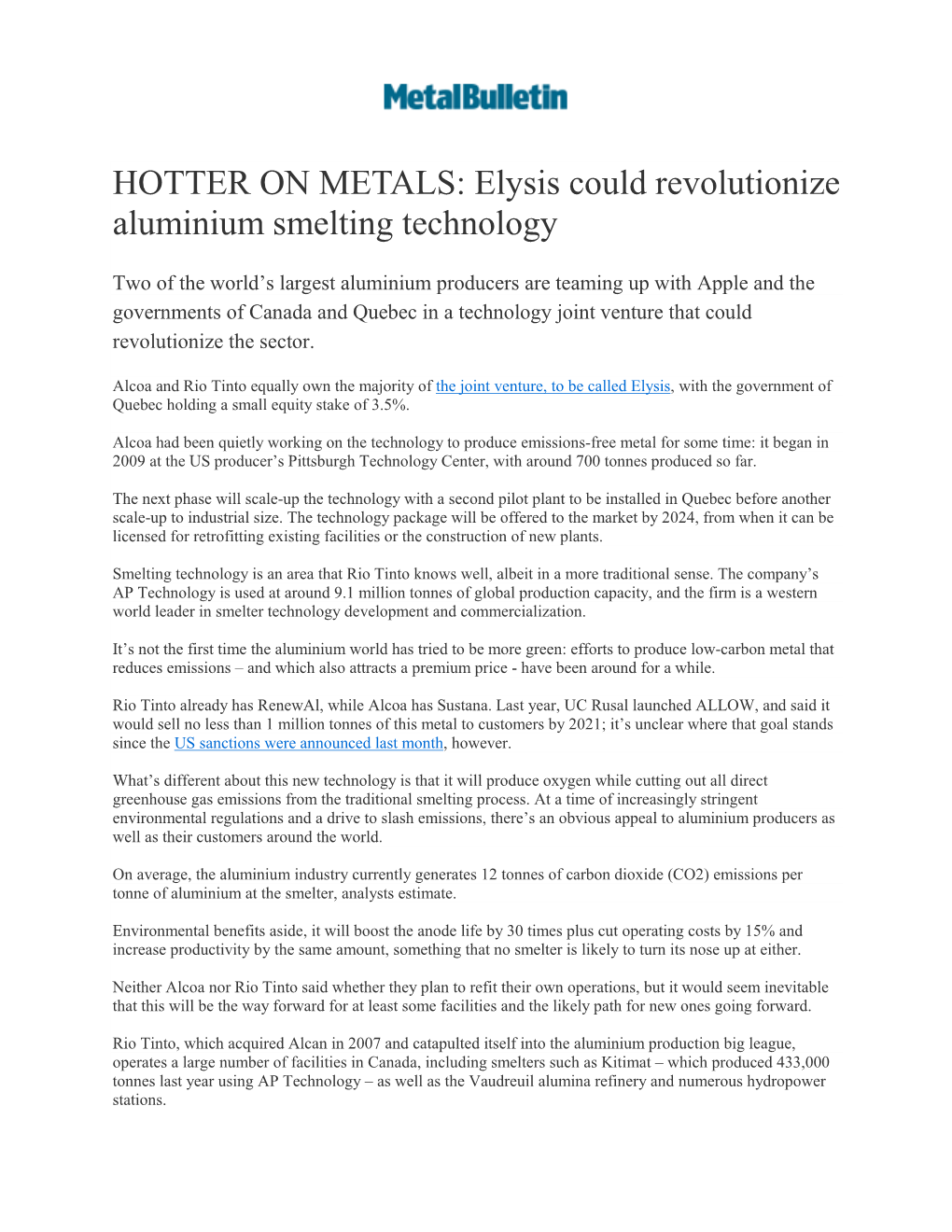 HOTTER on METALS: Elysis Could Revolutionize Aluminium Smelting Technology
