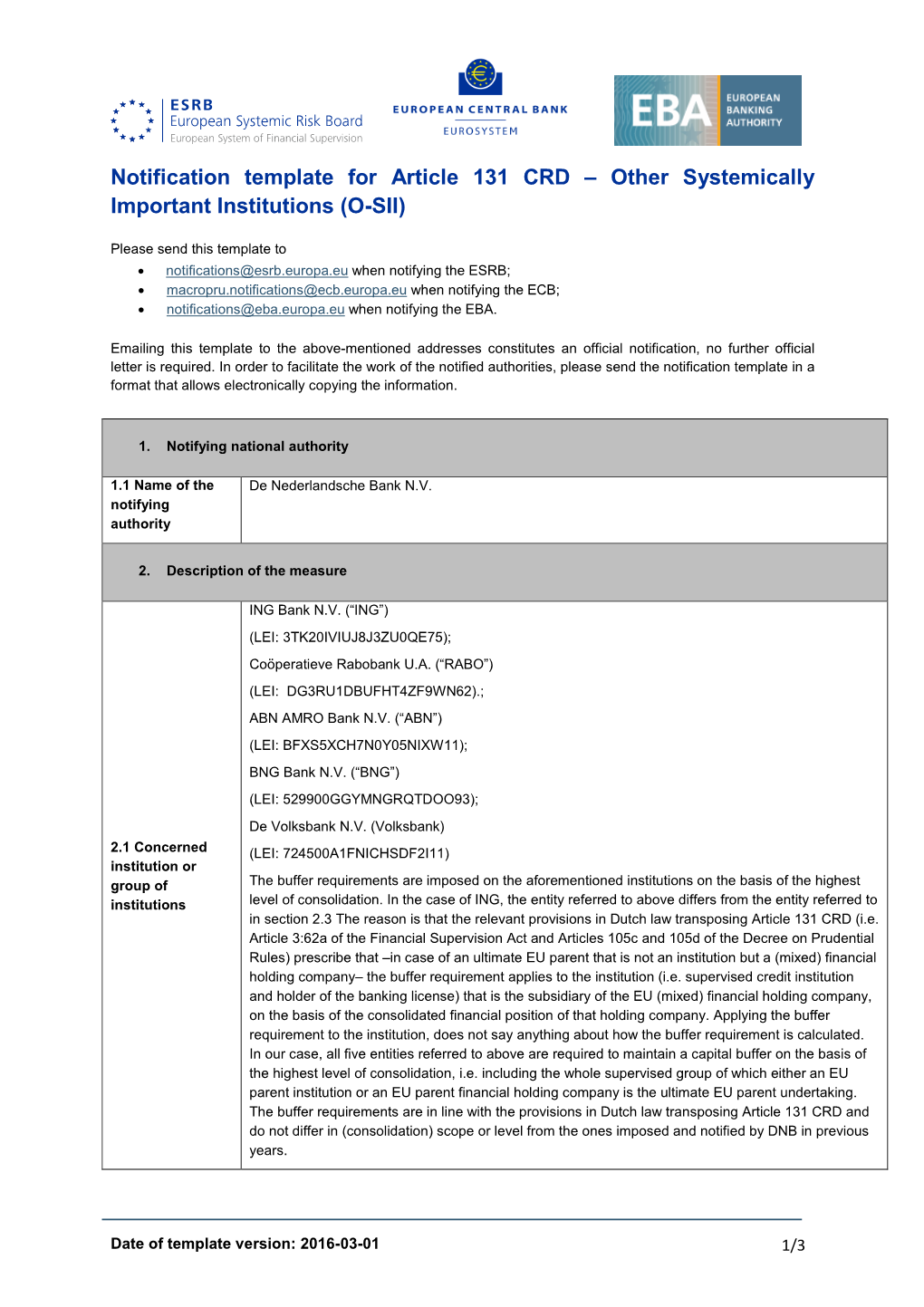 Notification by De Nederlandsche Bank N.V. on Five Other Systemically Important Institutions (O-Siis)