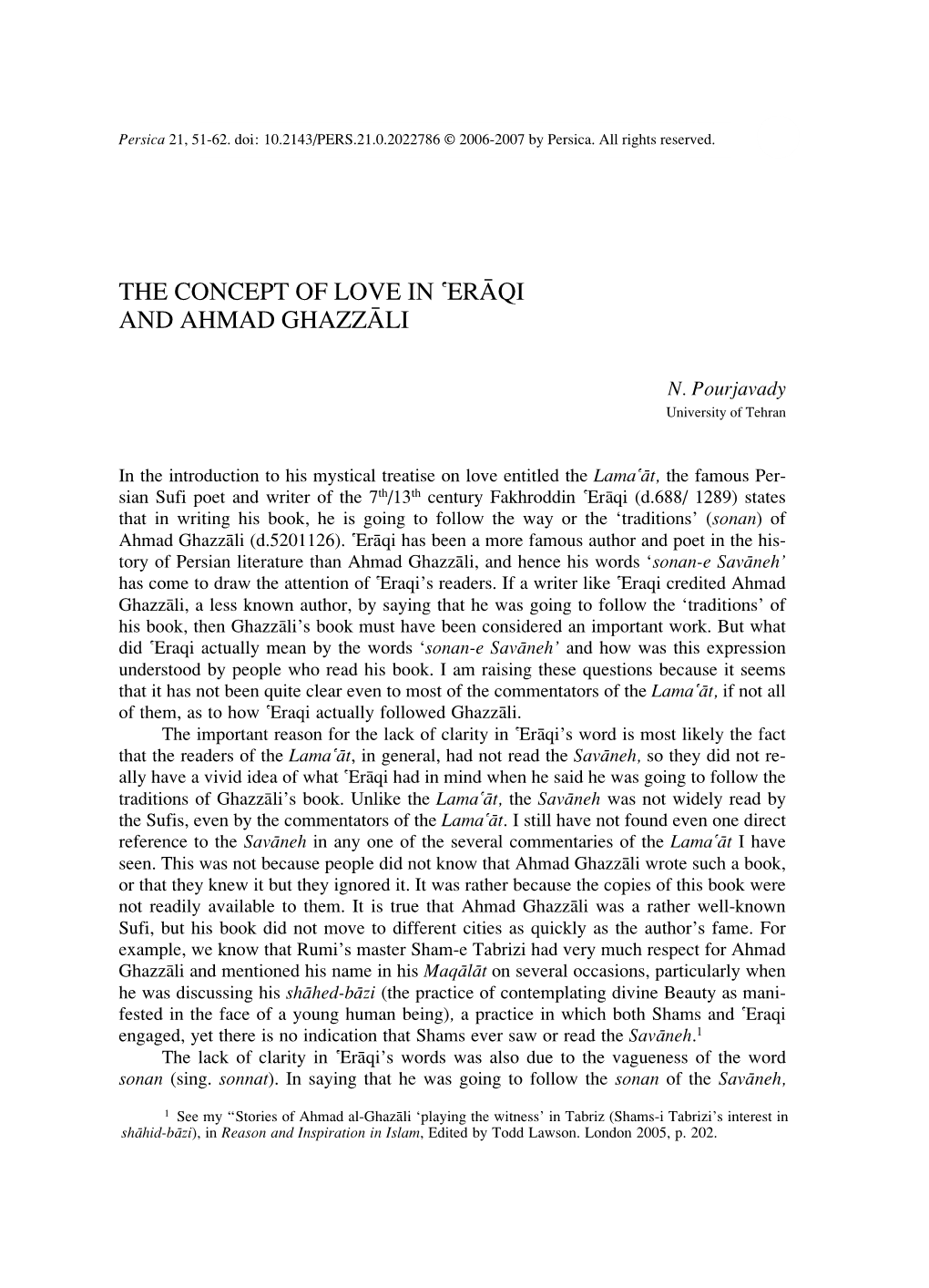 The Concept of Love in {Eraqi and Ahmad Ghazzali