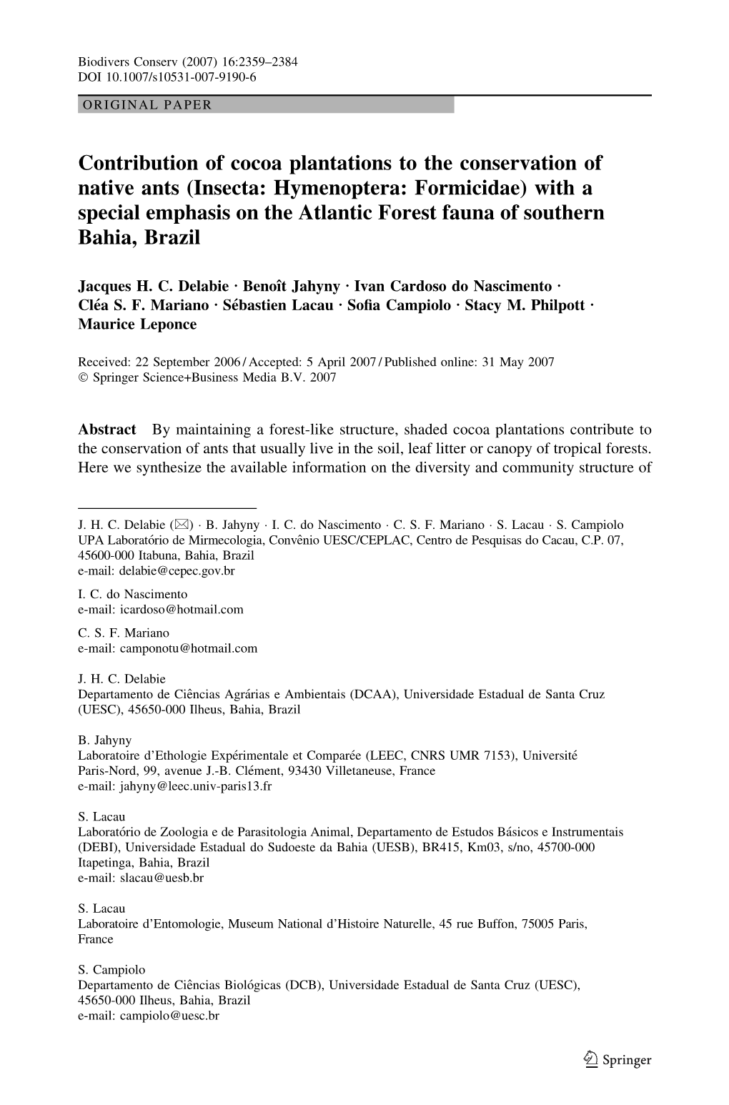 Contribution of Cocoa Plantations to the Conservation of Native Ants