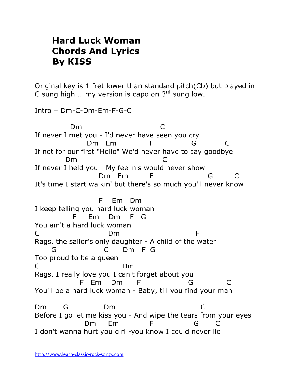 Hard Luck Woman Chords and Lyrics by KISS