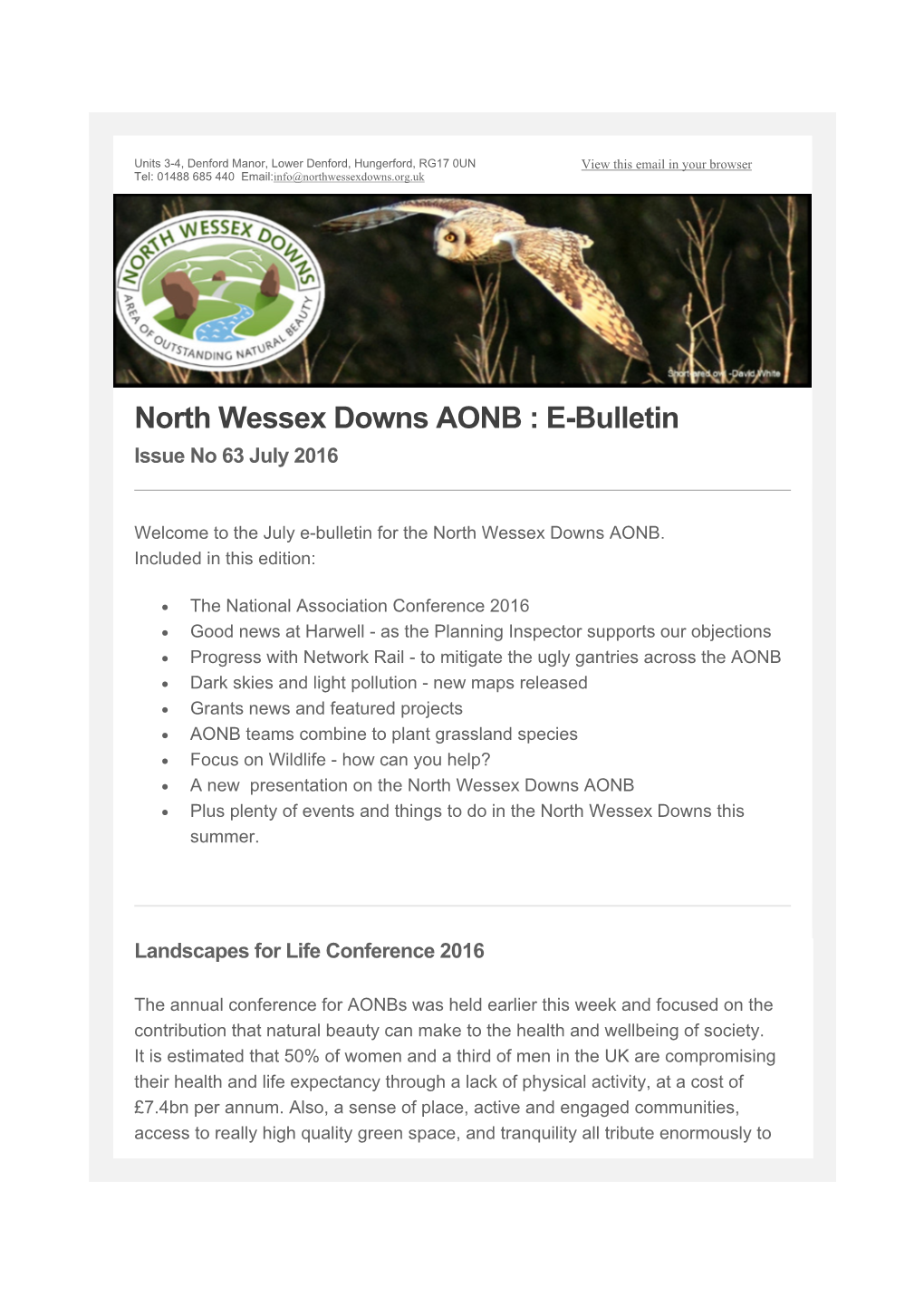 North Wessex Downs AONB : E-Bulletin Issue No 63 July 2016