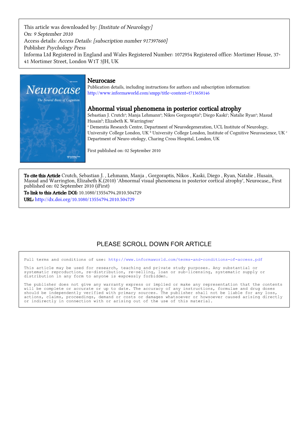 Neurocase Abnormal Visual Phenomena in Posterior Cortical Atrophy