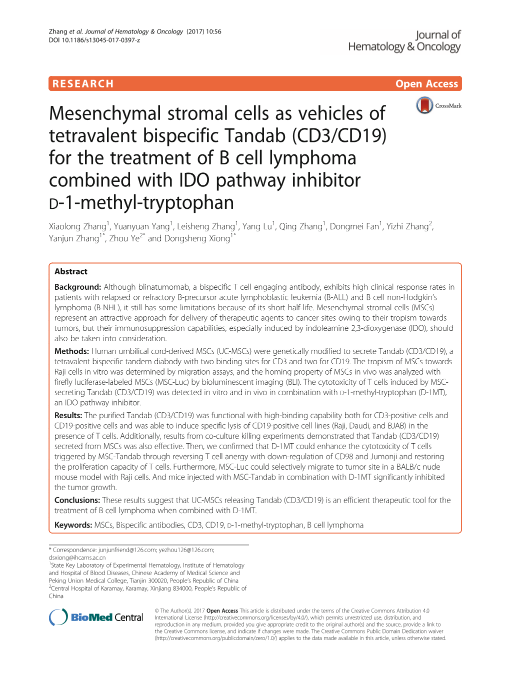 Mesenchymal Stromal Cells As Vehicles of Tetravalent Bispecific Tandab (CD3/CD19) for the Treatment of B Cell Lymphoma Combined