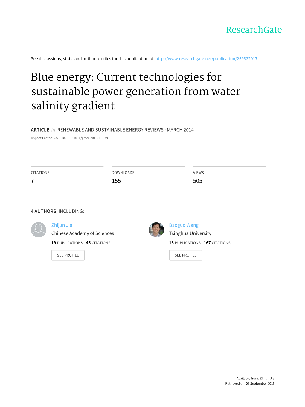 Blue Energy: Current Technologies for Sustainable Power Generation from Water Salinity Gradient