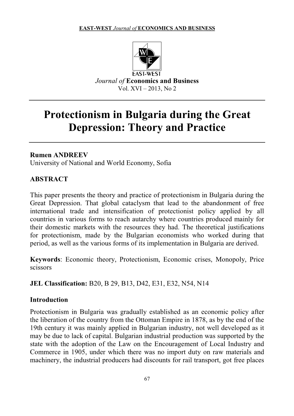 Protectionism in Bulgaria During the Great Depression: Theory and Practice