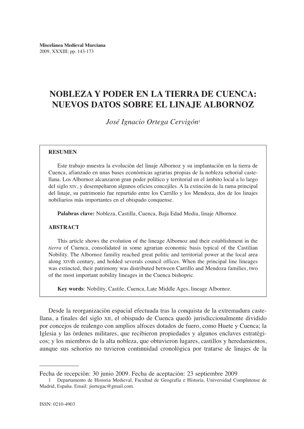 Nobleza Y Poder En La Tierra De Cuenca: Nuevos Datos Sobre El Linaje Albornoz