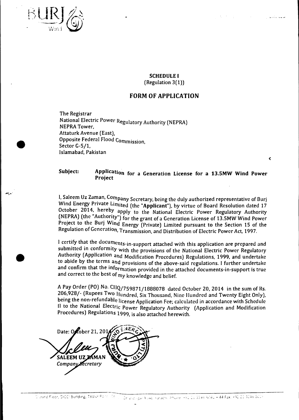 Application for a Generation License for a 13.5MW Wind Power Project