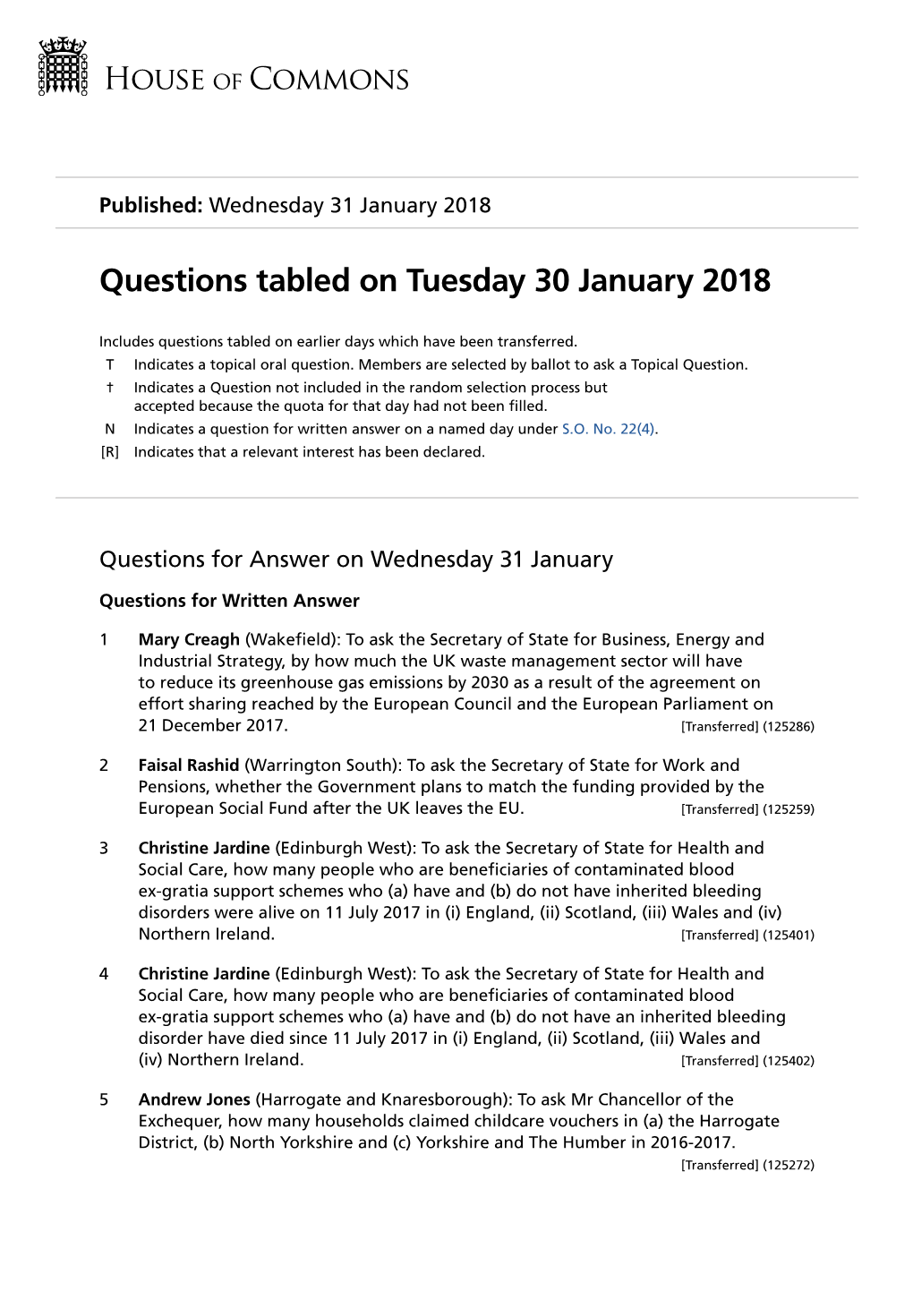 Questions Tabled on Tuesday 30 January 2018