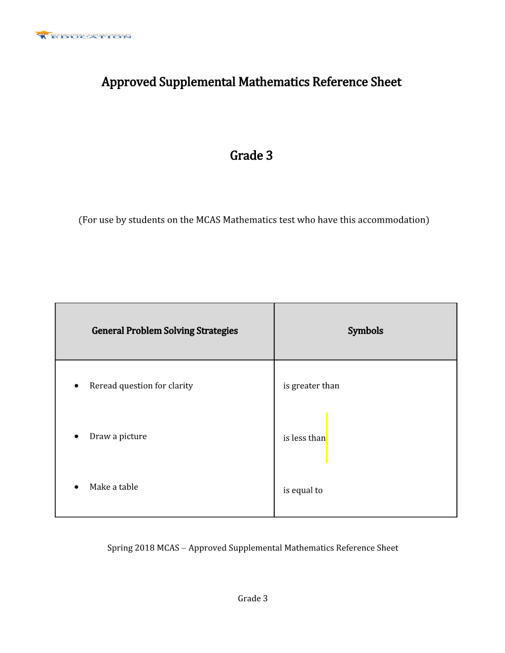 Grade 3 Supplemental Math Reference Sheet 2017-2018