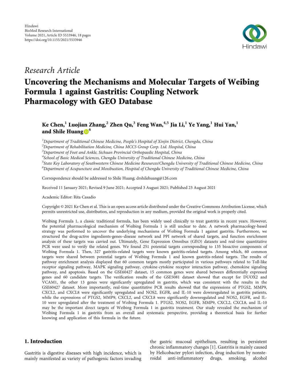 Uncovering the Mechanisms and Molecular Targets of Weibing Formula 1 Against Gastritis: Coupling Network Pharmacology with GEO Database