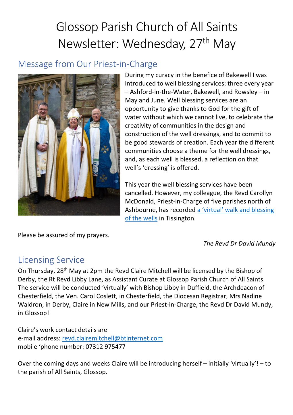Glossop Parish Church of All Saints Newsletter: Wednesday, 27Th