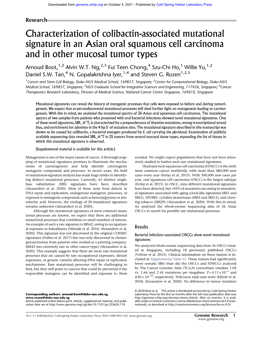 Characterization of Colibactin-Associated Mutational Signature in an Asian Oral Squamous Cell Carcinoma and in Other Mucosal Tumor Types