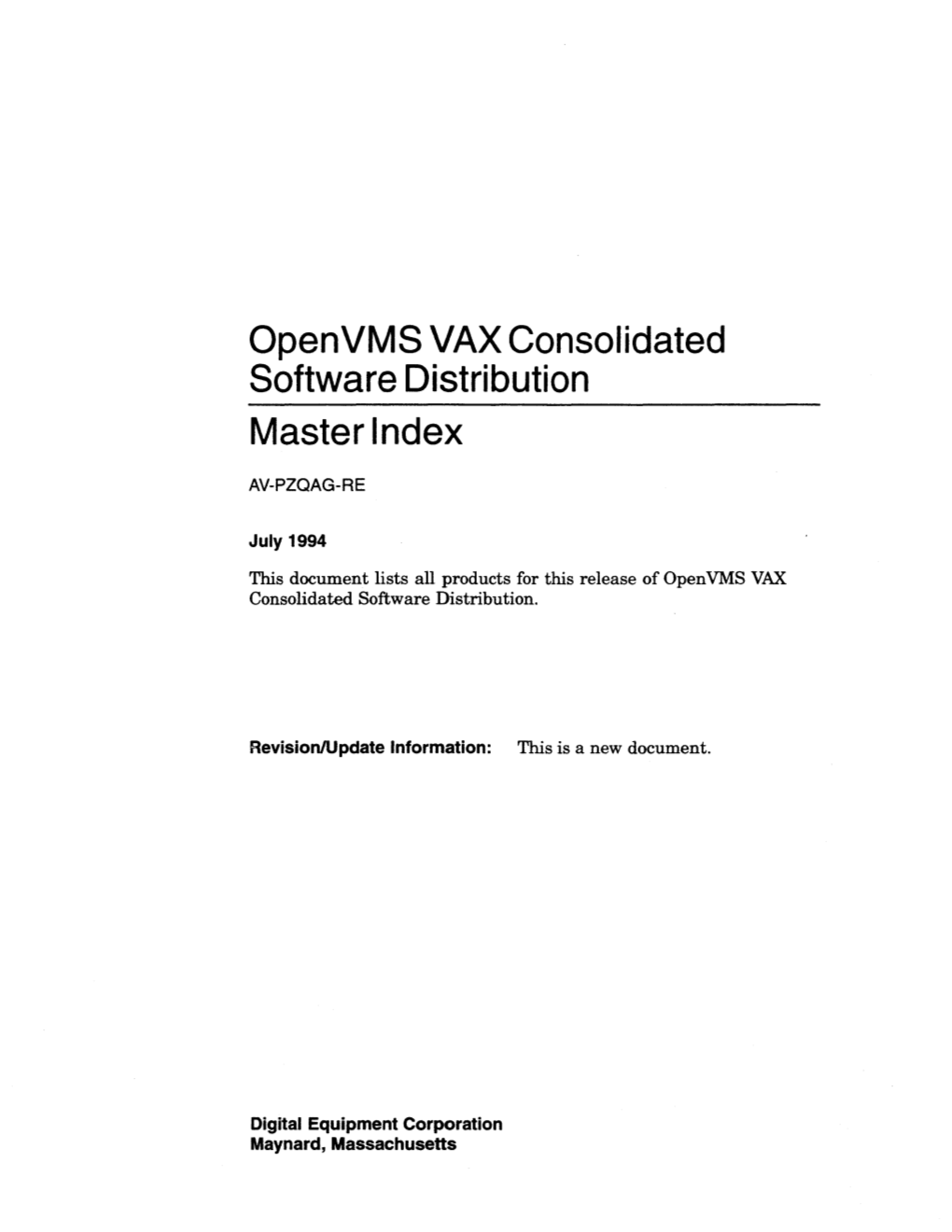 Openvms VAX Consolidated Software Distribution Master Index