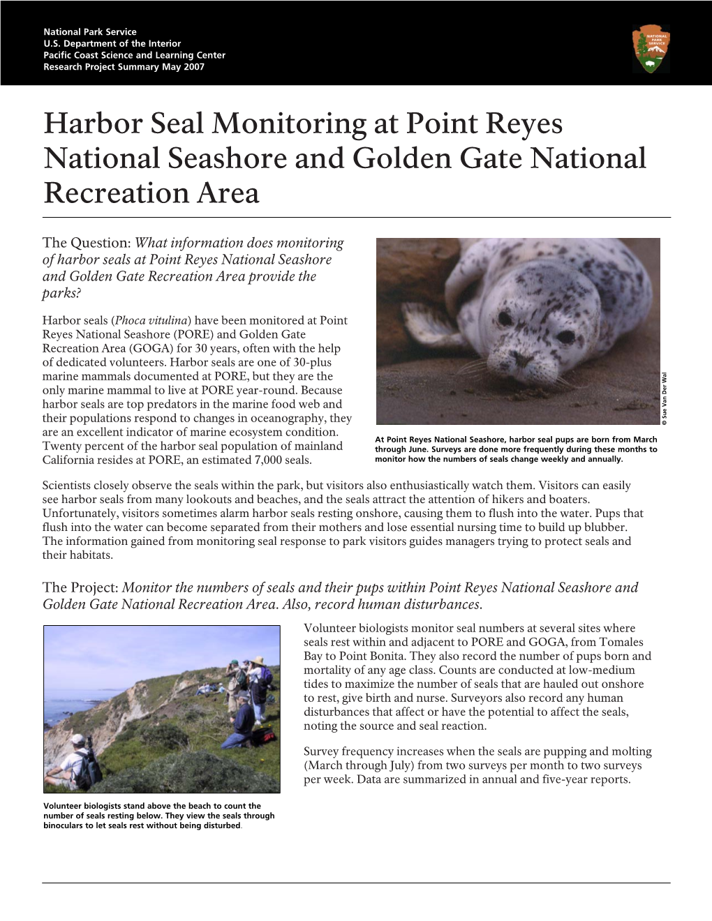 Harbor Seal Monitoring at Point Reyes National Seashore and Golden Gate National Recreation Area