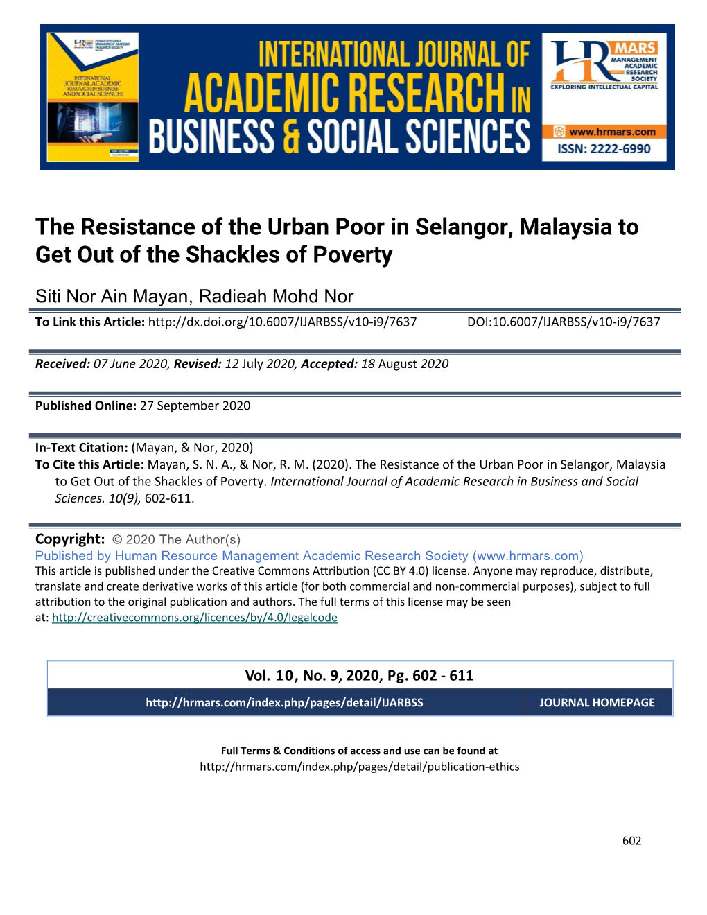 The Resistance of the Urban Poor in Selangor, Malaysia to Get out of the Shackles of Poverty