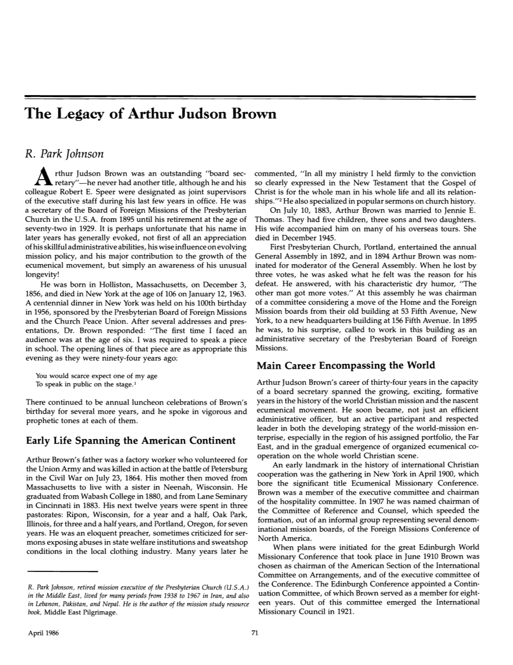 The Legacy of Arthur Judson Brown