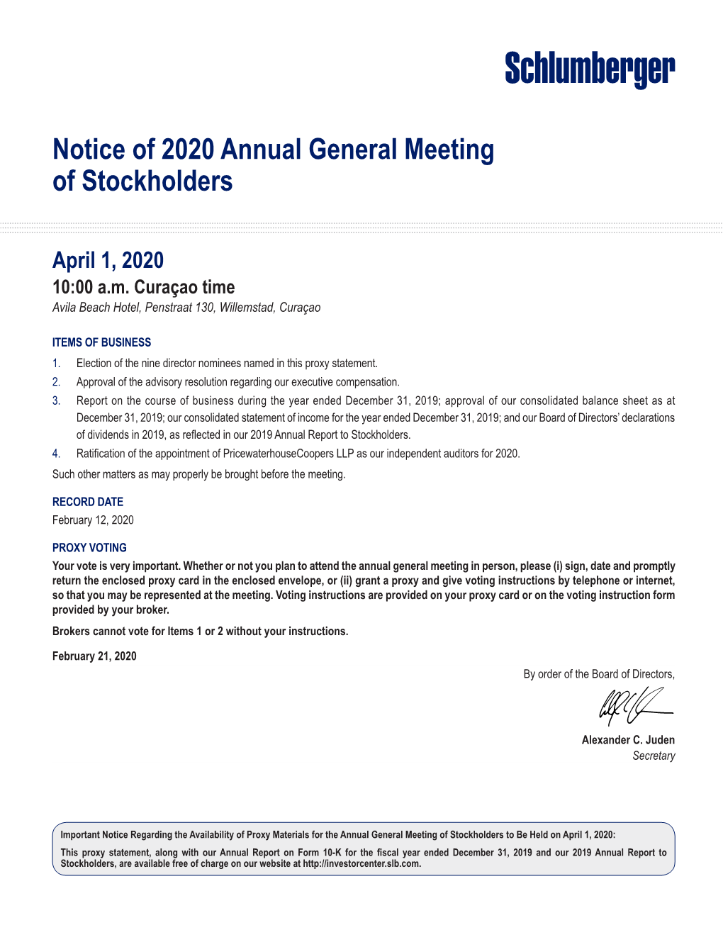 Notice of 2020 Annual General Meeting of Stockholders