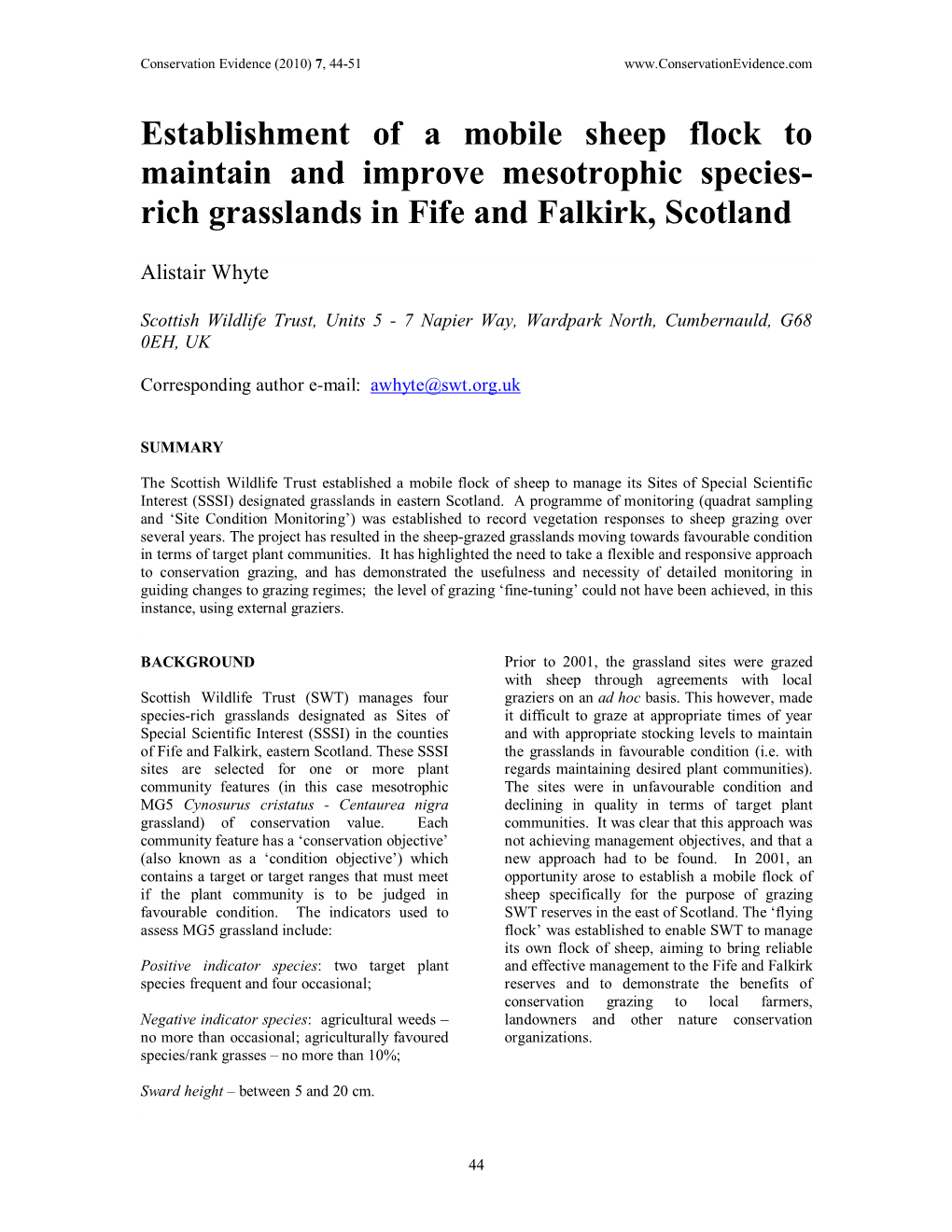 Establishment of a Mobile Sheep Flock to Maintain and Improve Mesotrophic Species- Rich Grasslands in Fife and Falkirk, Scotland