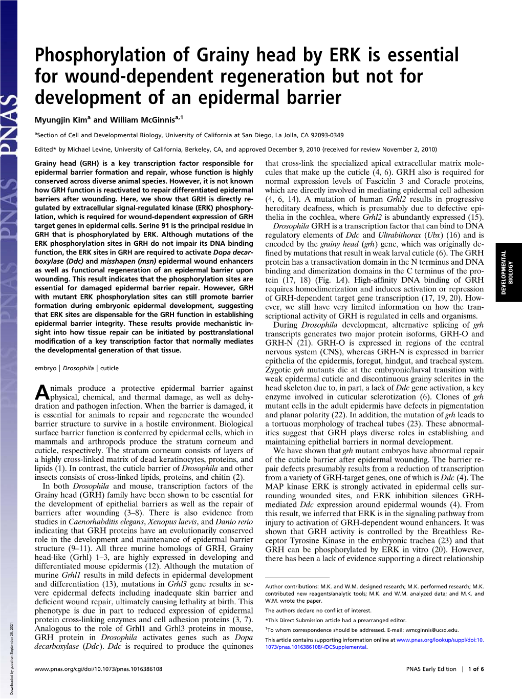 Phosphorylation of Grainy Head by ERK Is Essential for Wound-Dependent Regeneration but Not for Development of an Epidermal Barrier