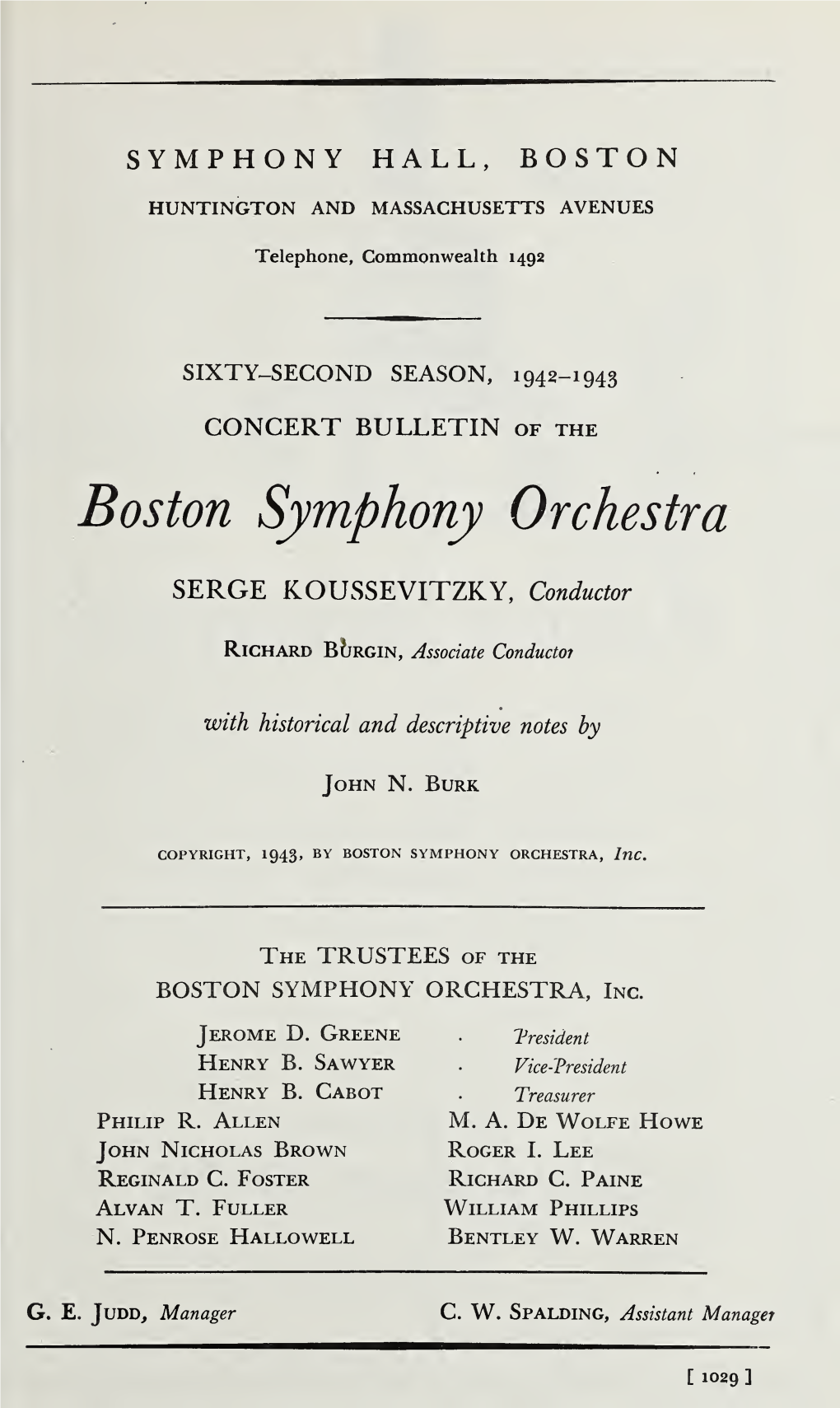 Boston Symphony Orchestra Concert Programs, Season 62,1942-1943