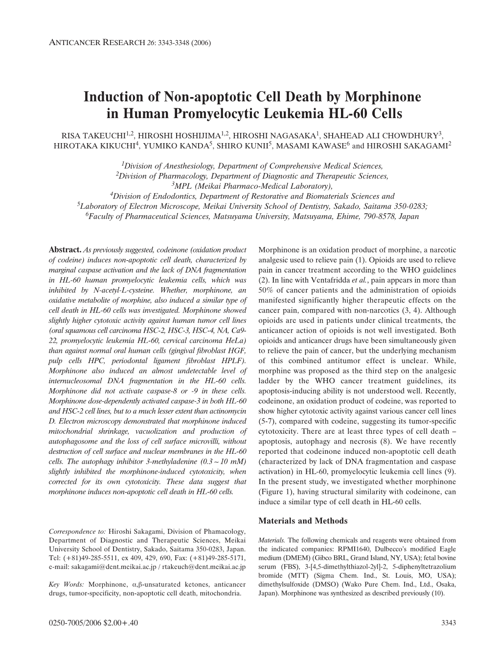 Induction of Non-Apoptotic Cell Death by Morphinone in Human Promyelocytic Leukemia HL-60 Cells