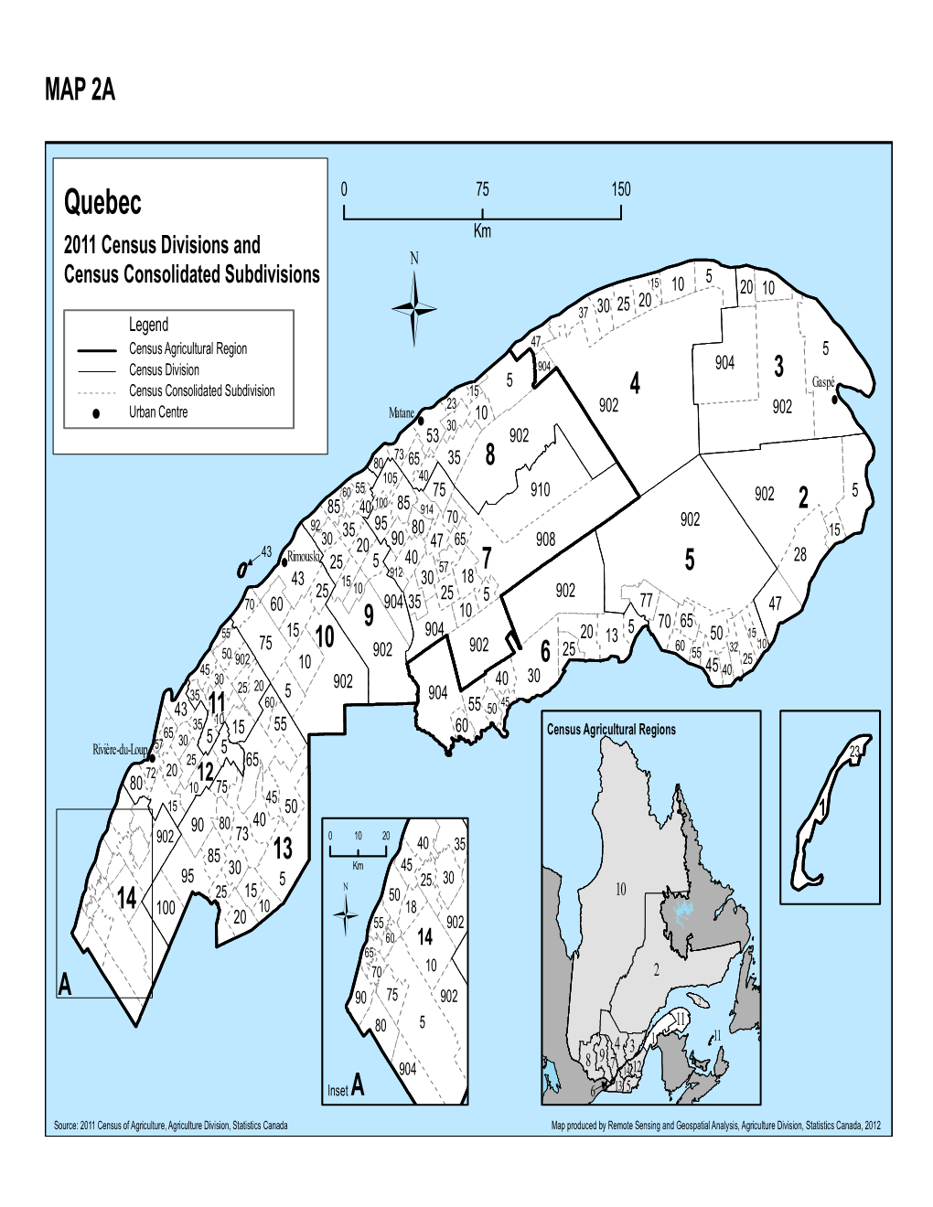 Quebec 0 75 150 Km 2011 Census Divisions And