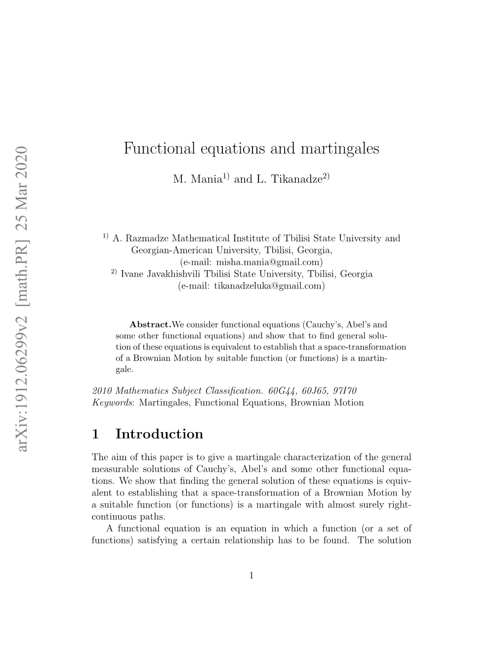 [Math.PR] 25 Mar 2020 Functional Equations and Martingales