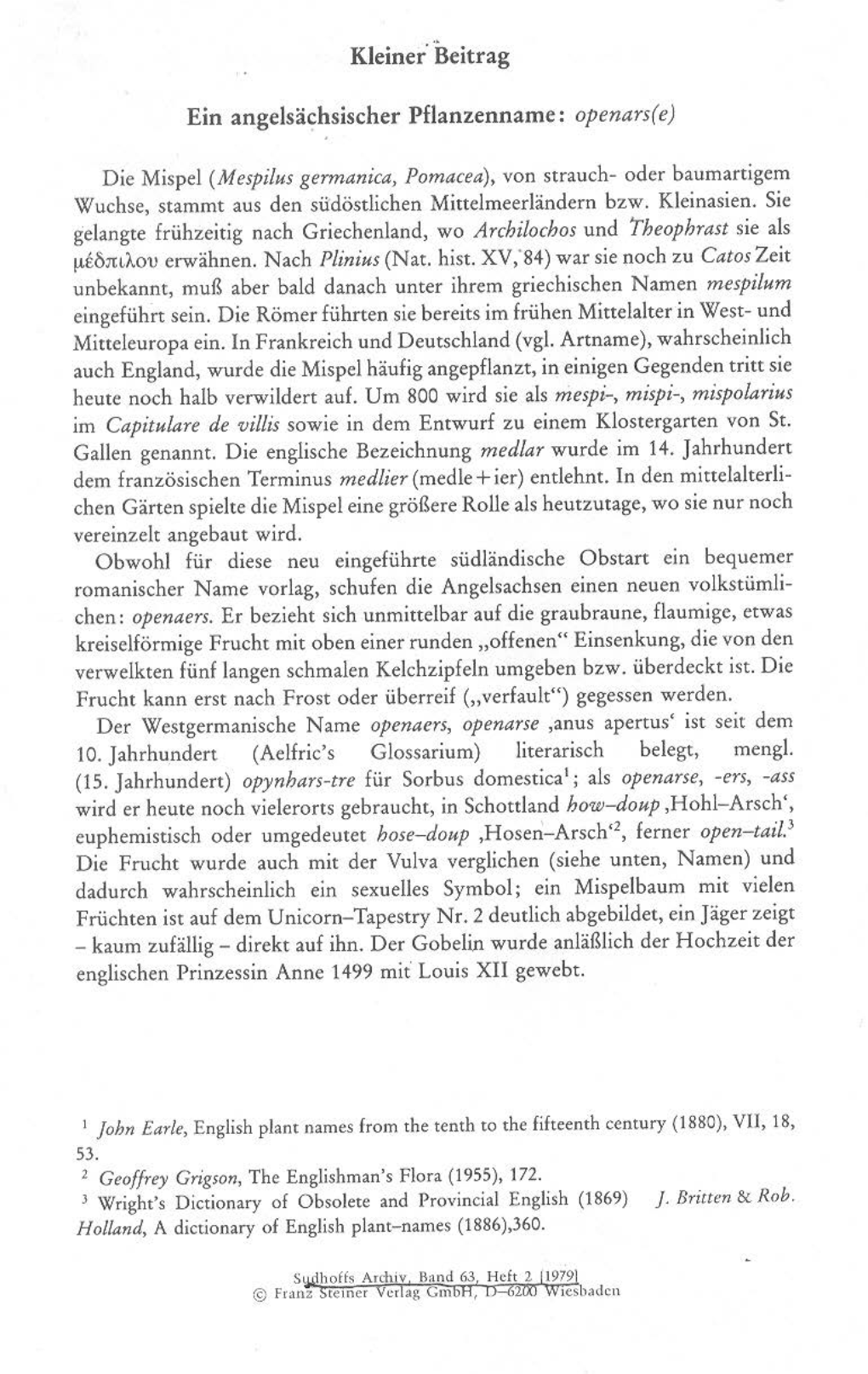 Kleiner· Ikitrag Ein Angelsächsischer Pflanzenname: Openars( E) Die Mispel (Mespilus Germanica, Pomacea), Von Strauch- Oder Ba