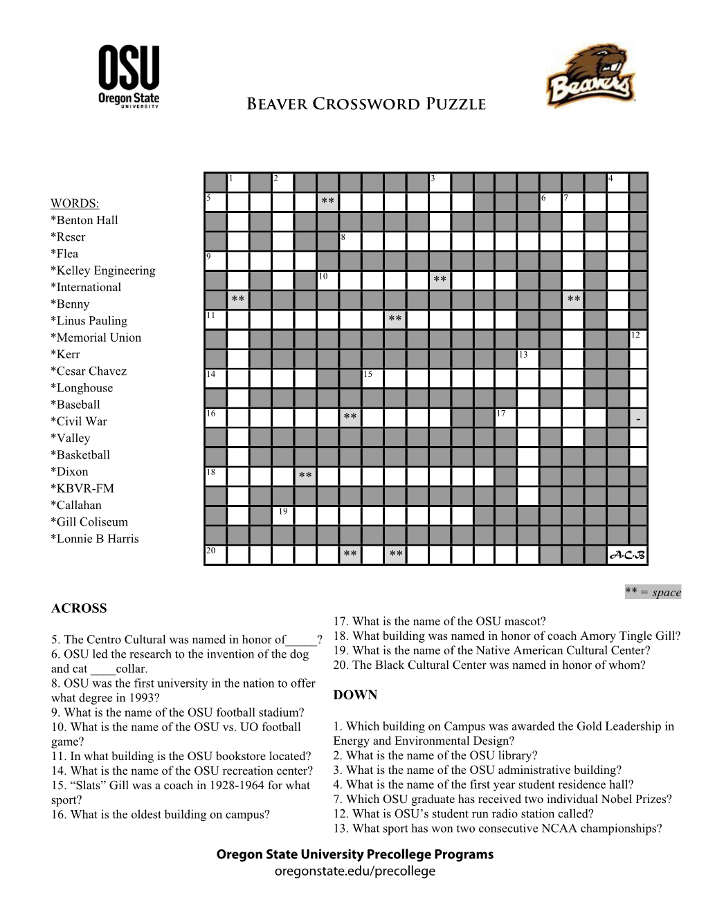 Beaver Crossword Puzzle