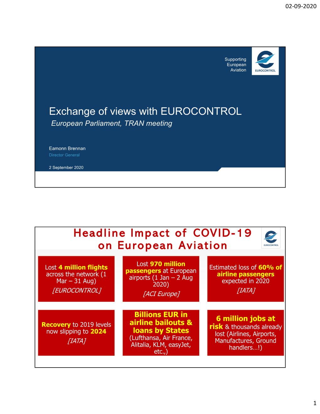 Exchange of Views with EUROCONTROL European Parliament, TRAN Meeting