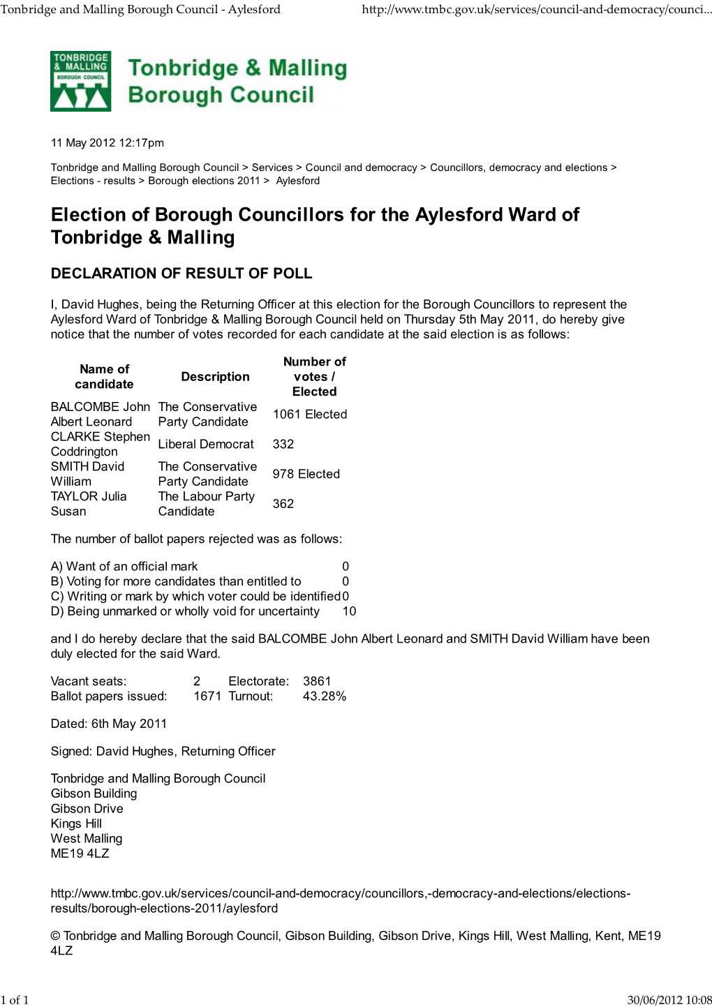 Election of Borough Councillors for the Aylesford Ward of Tonbridge & Malling