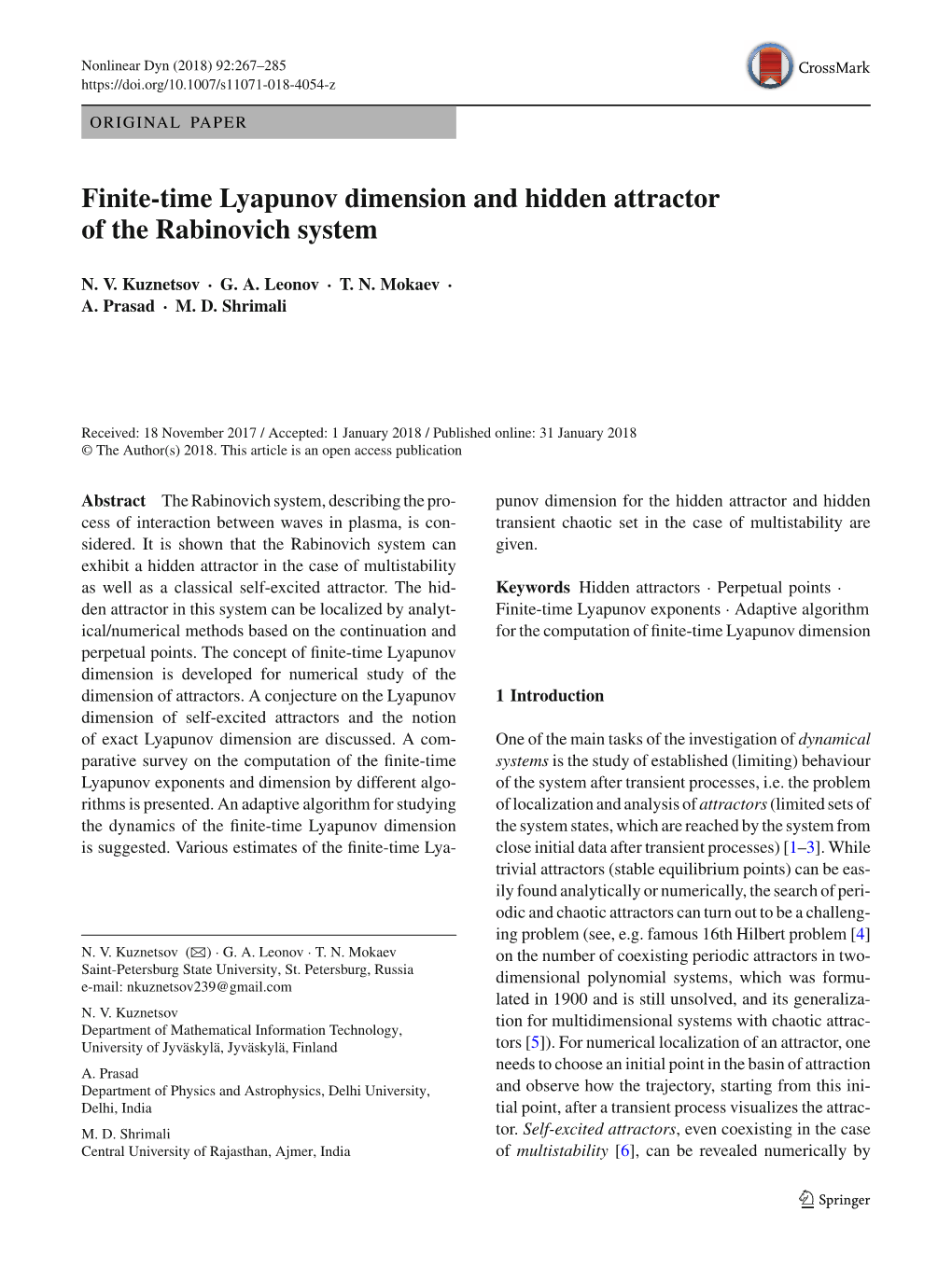 Finite-Time Lyapunov Dimension and Hidden Attractor of the Rabinovich System