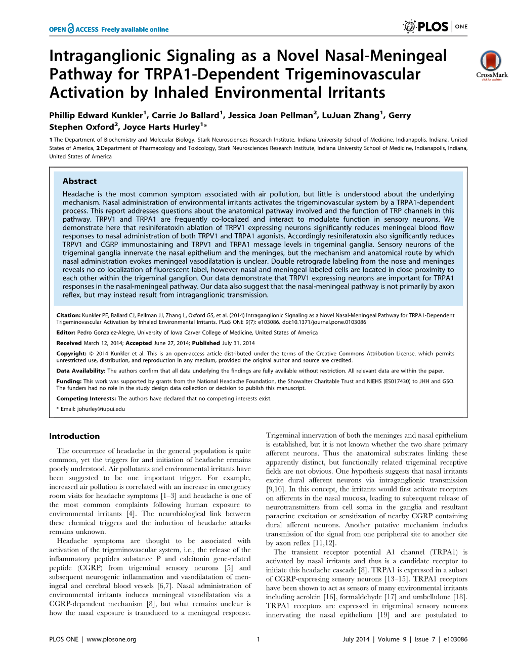 Intraganglionic Signaling As a Novel Nasal-Meningeal Pathway for TRPA1-Dependent Trigeminovascular Activation by Inhaled Environmental Irritants