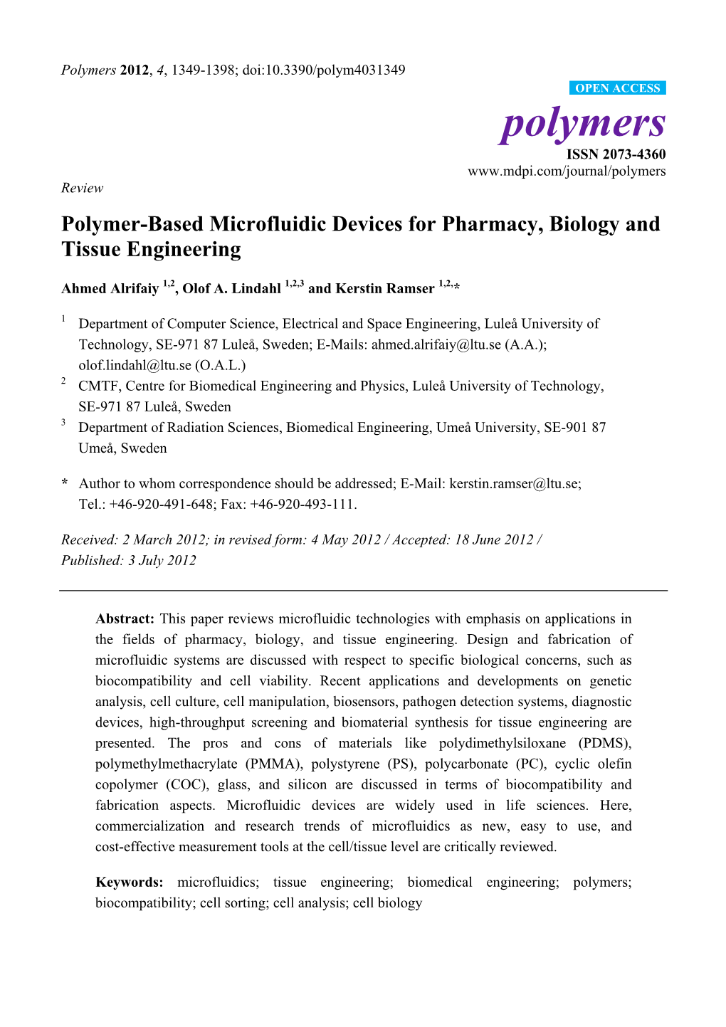 Polymer-Based Microfluidic Devices for Pharmacy, Biology and Tissue Engineering