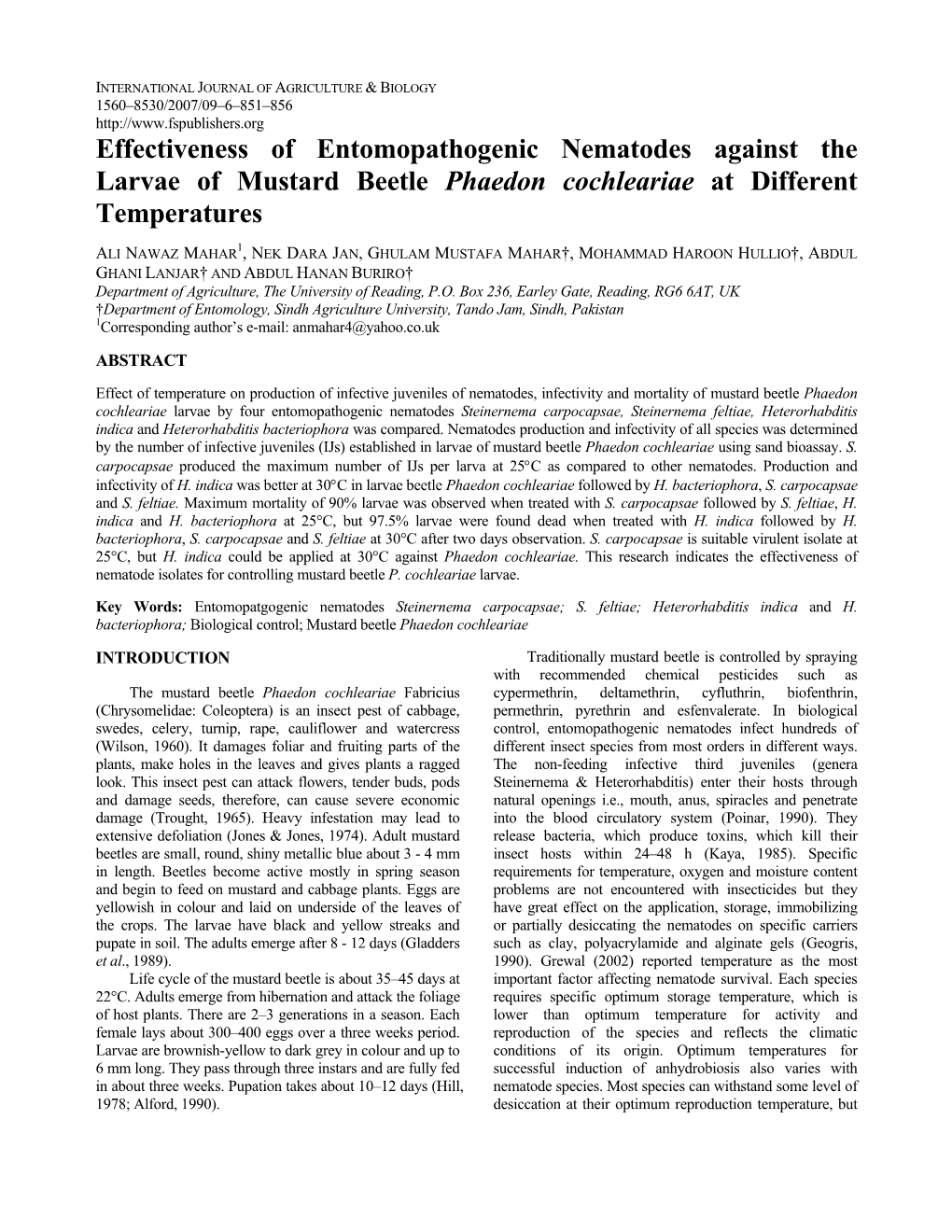 Effectiveness of Entomopathogenic Nematodes Against the Larvae of Mustard Beetle Phaedon Cochleariae at Different Temperatures