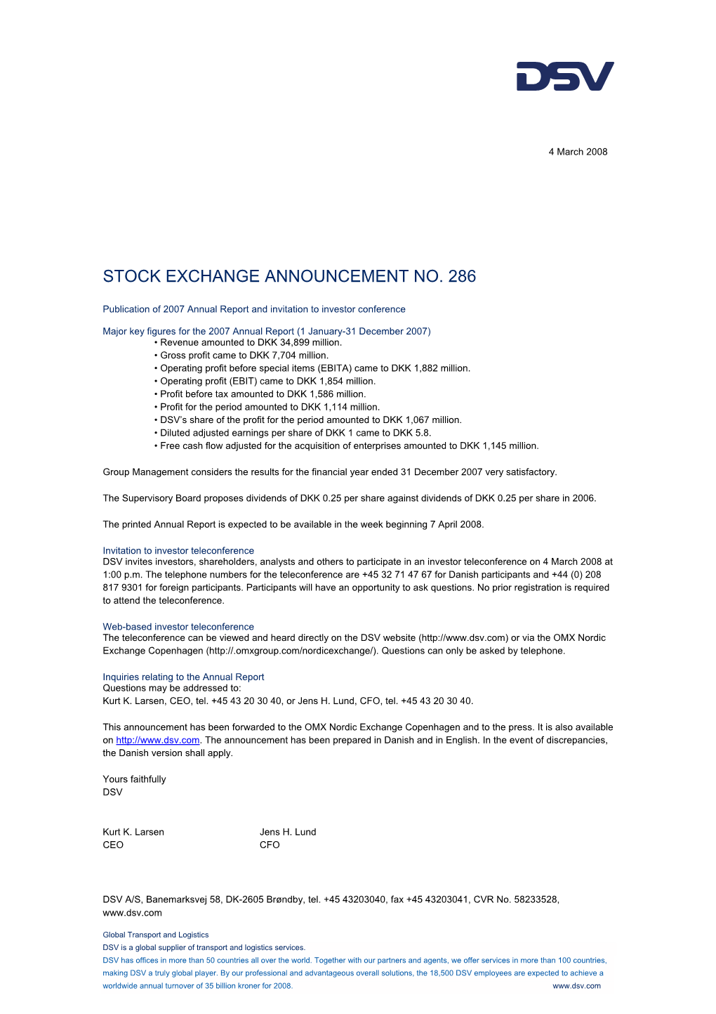 Stock Exchange Announcement No. 286