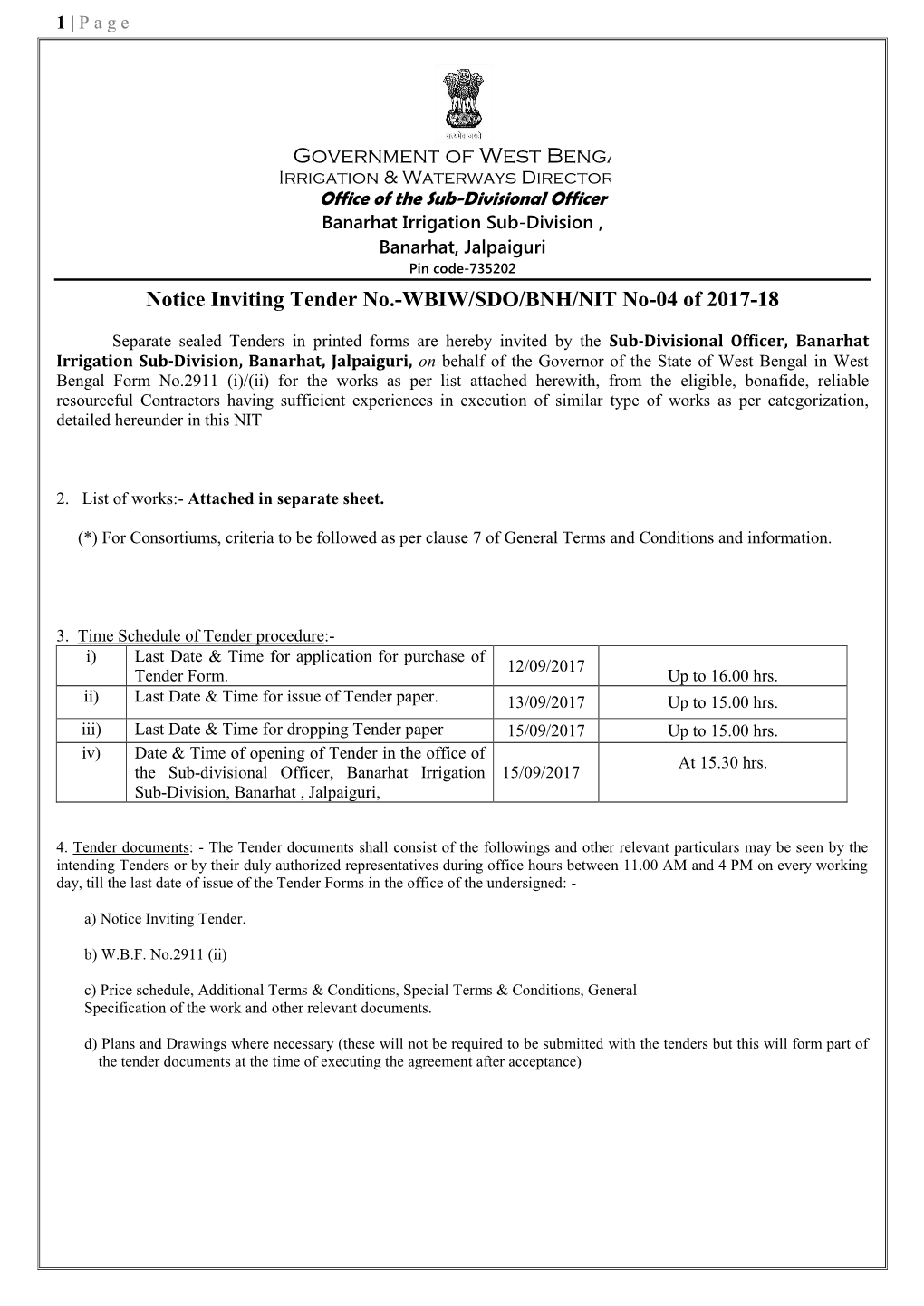 Government of West Bengal Notice Inviting Tender No.-WBIW/SDO