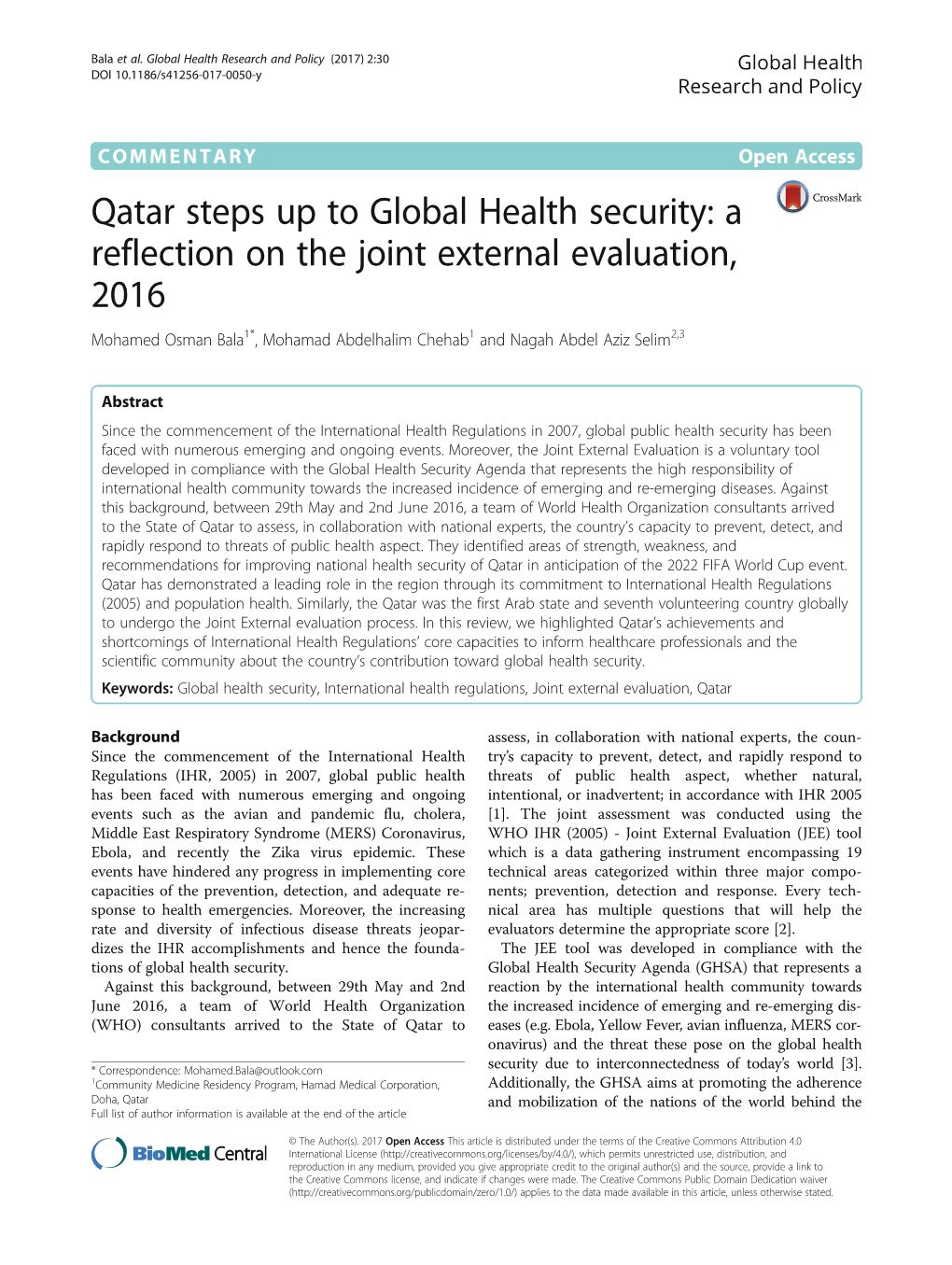 Qatar Steps up to Global Health Security: a Reflection on the Joint External Evaluation, 2016