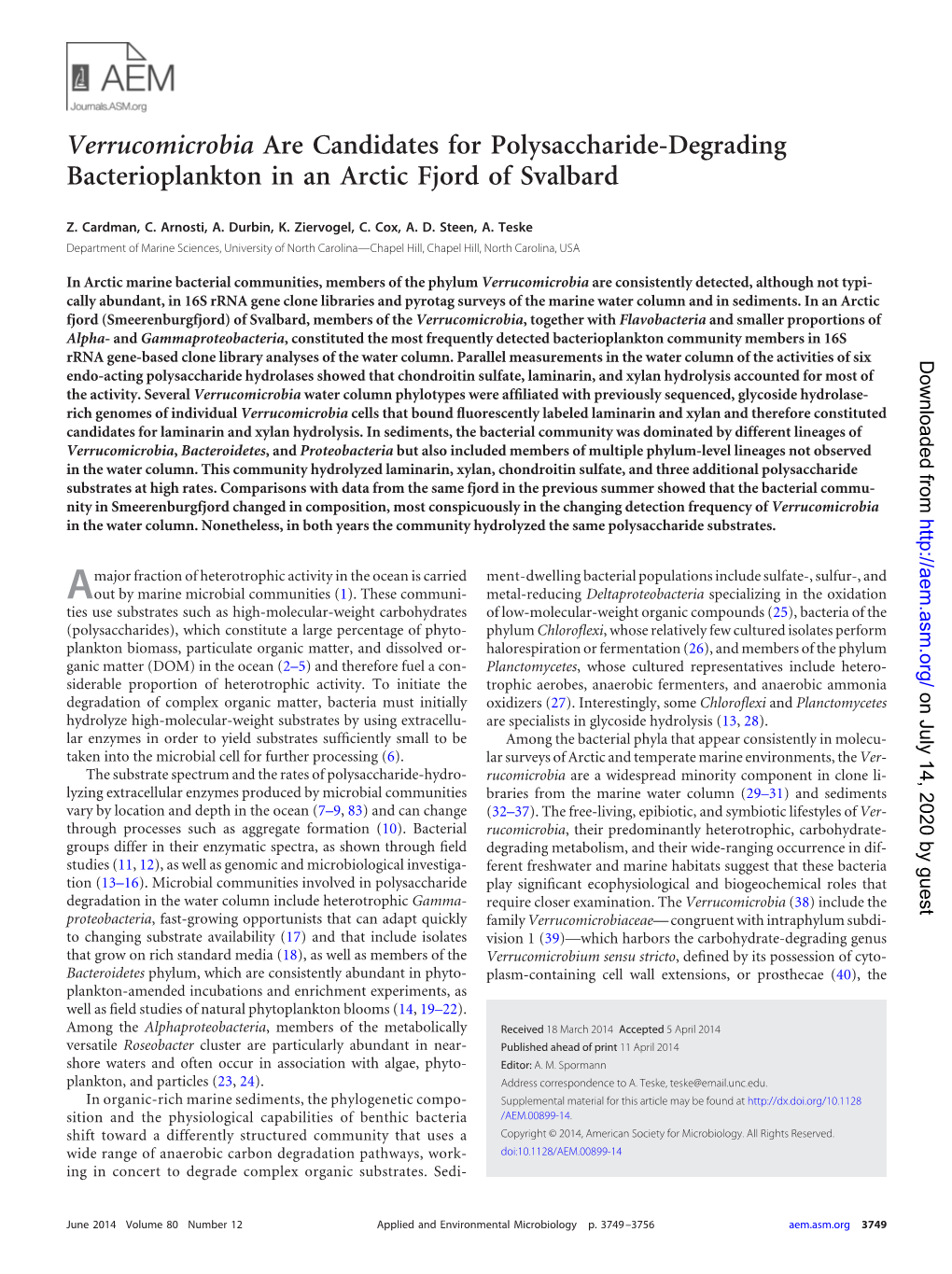 Verrucomicrobia Are Candidates for Polysaccharide-Degrading Bacterioplankton in an Arctic Fjord of Svalbard