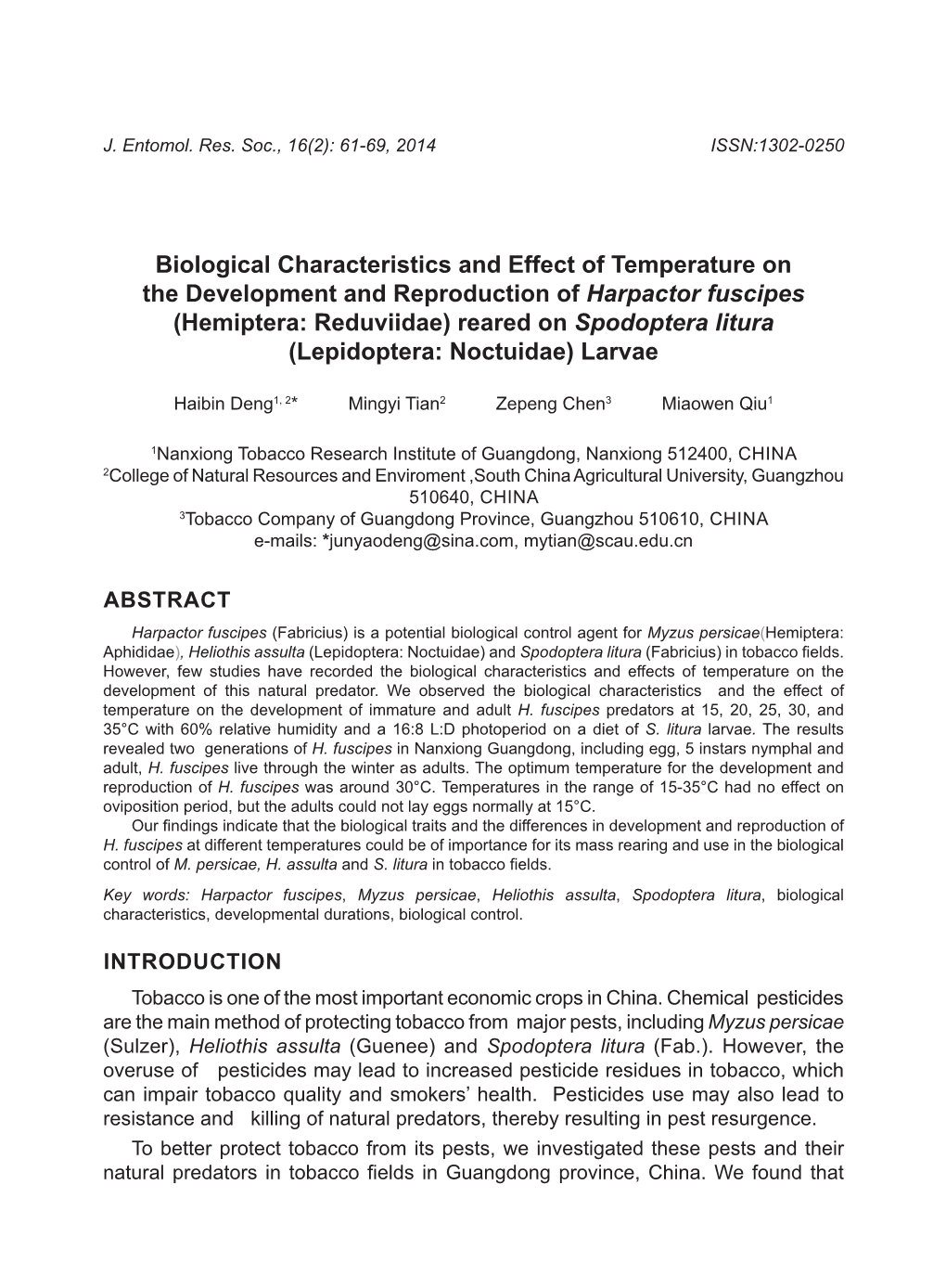 Biological Characteristics and Effect of Temperature on the Development