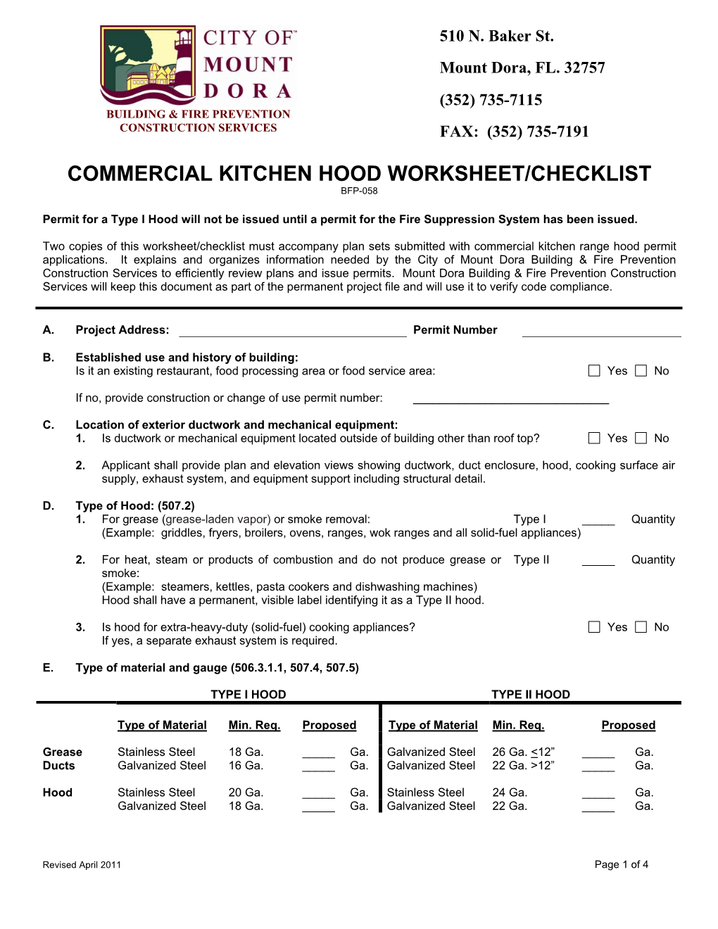 Commercial Kitchen Hood Worksheet/Checklist Bfp-058