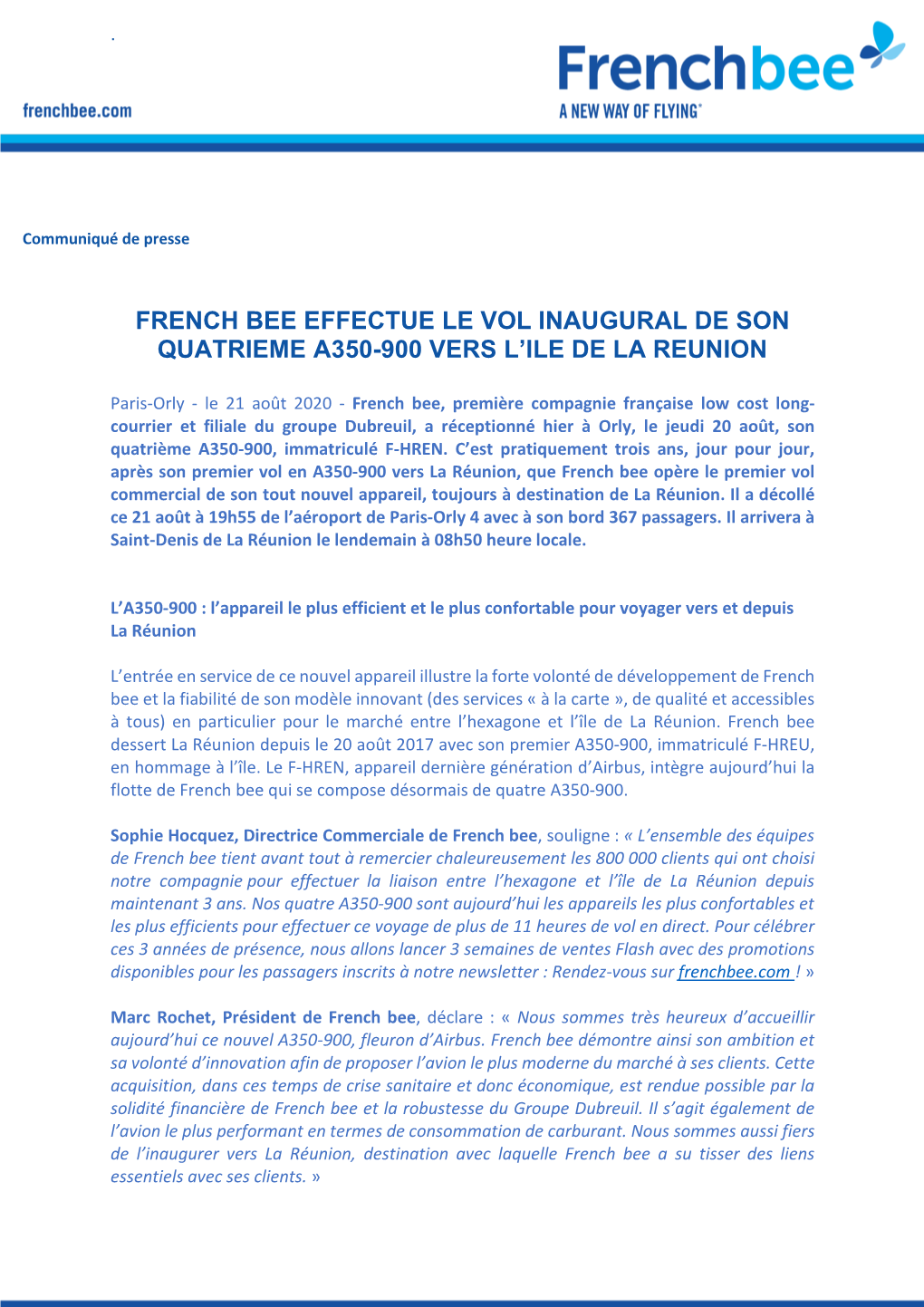 French Bee Effectue Le Vol Inaugural De Son Quatrieme A350-900 Vers L’Ile De La Reunion