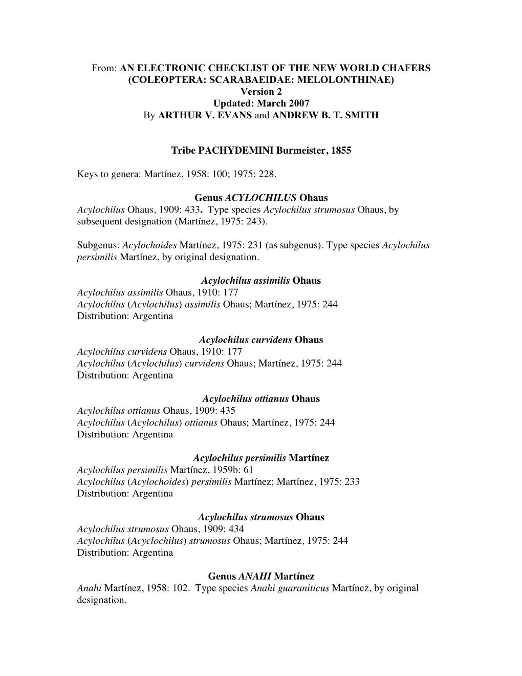 COLEOPTERA: SCARABAEIDAE: MELOLONTHINAE) Version 2 Updated: March 2007 by ARTHUR V