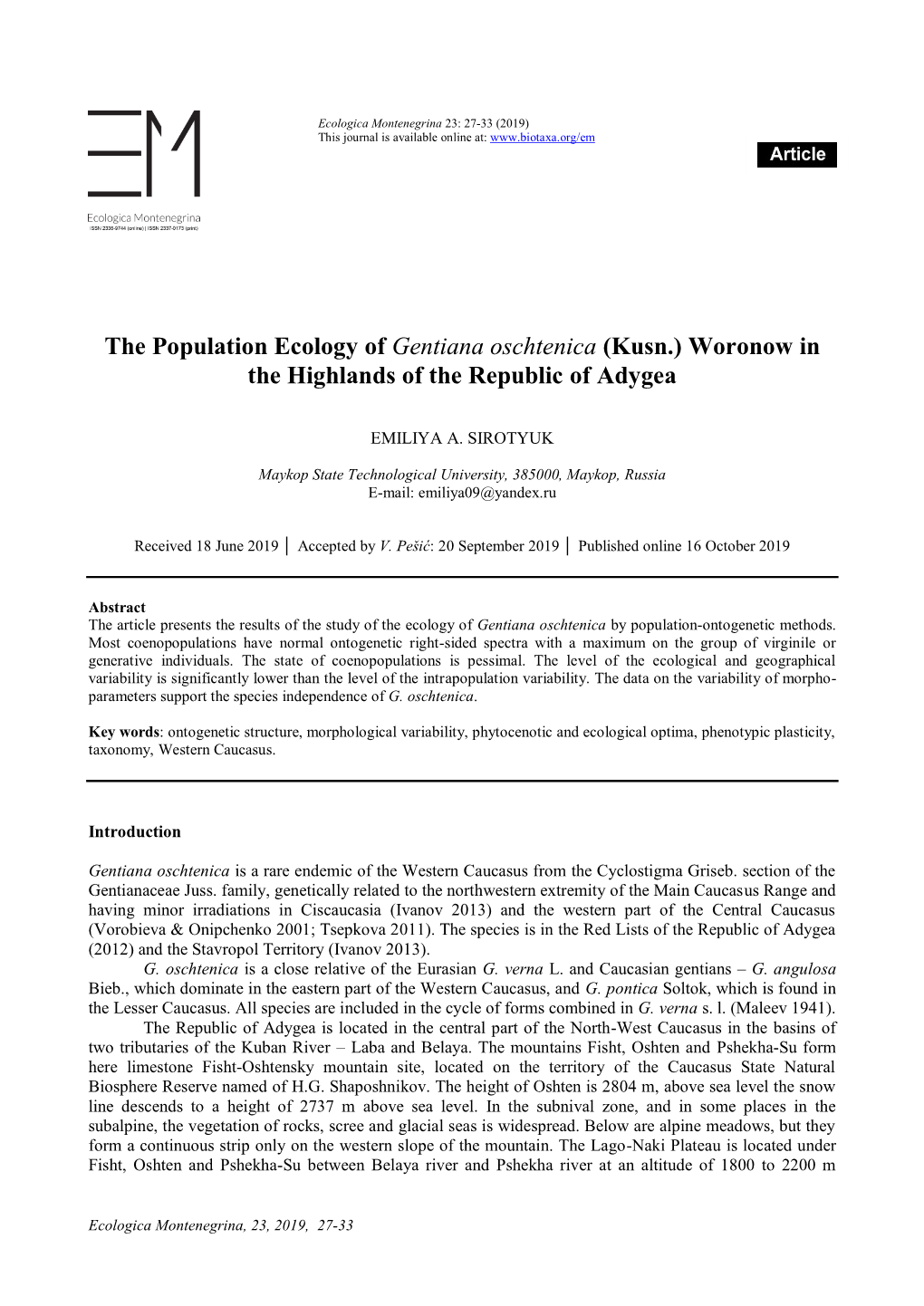 The Population Ecology of Gentiana Oschtenica (Kusn.) Woronow in the Highlands of the Republic of Adygea