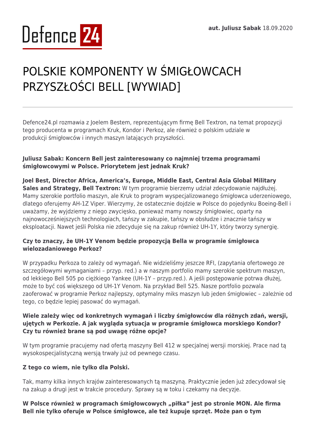 Polskie Komponenty W Śmigłowcach Przyszłości Bell [Wywiad]